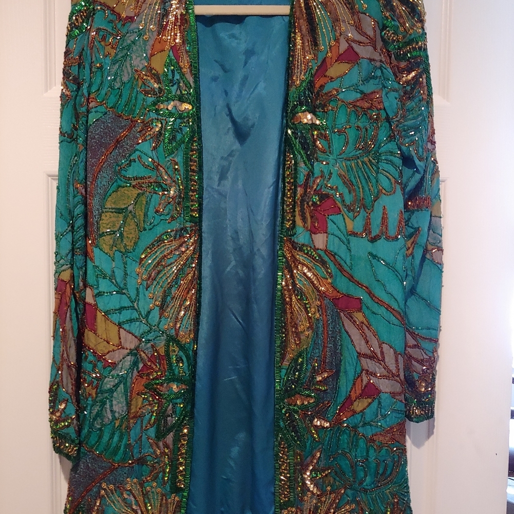 Heavily Beaded Green Silk. Evening Jacket